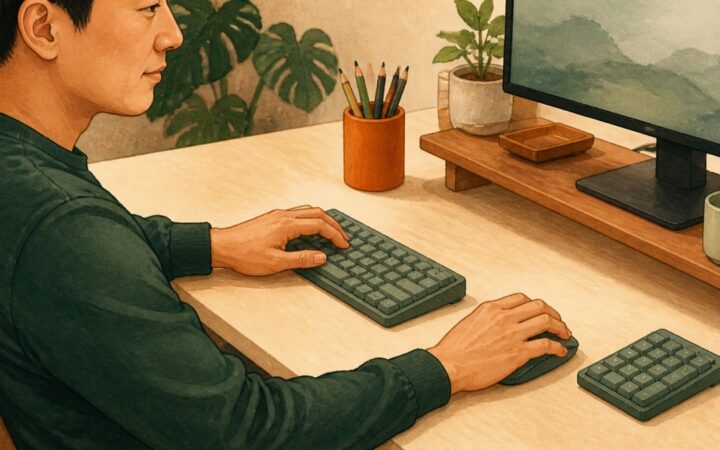 키보드와 마우스를 가까이 둔 중립 손목 자세 일러스트