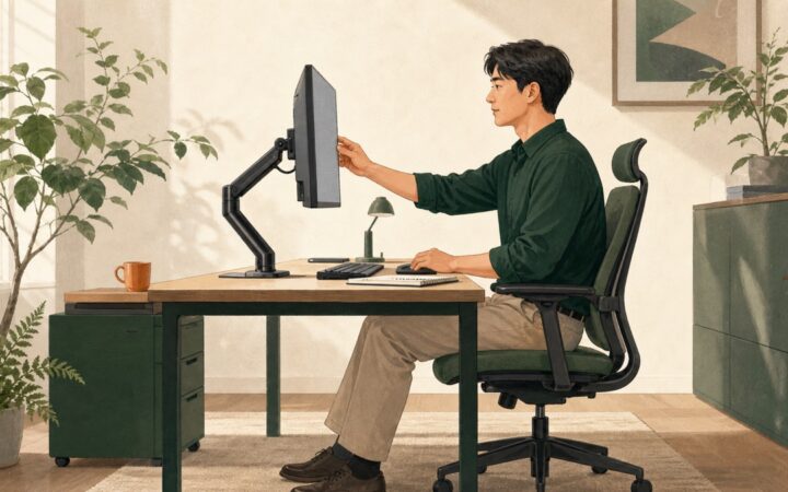 모니터 높이와 거리를 조절하는 직장인의 책상 환경 일러스트