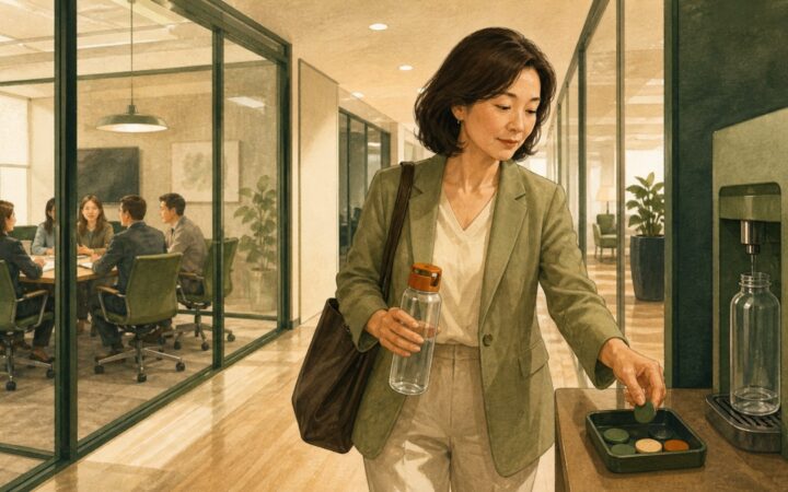 사무실 책상에서 물 섭취를 기록하는 직장인