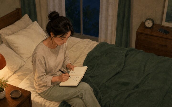 침대 옆에서 일주일 수면 기록표를 작성하는 직장인